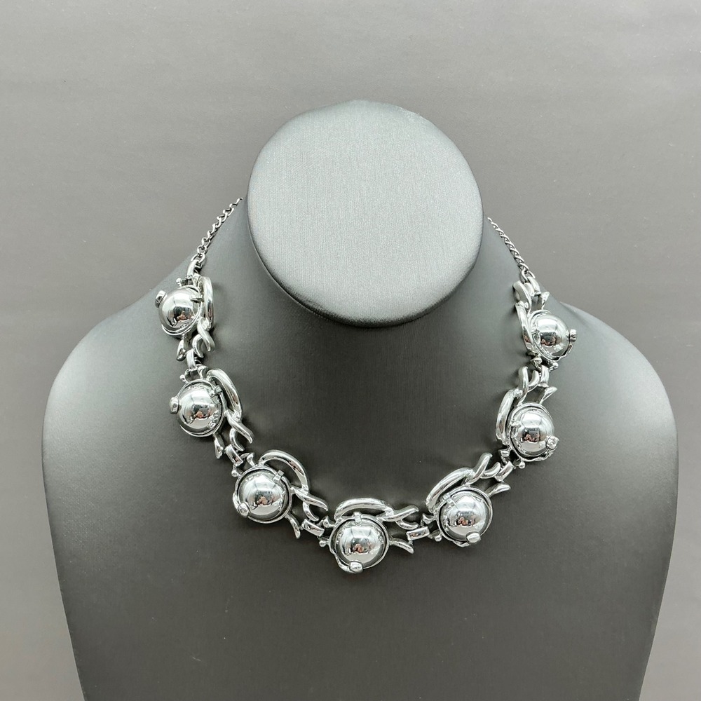 Vintage Orb Link Necklace Women Silver Tone Mid Century Modernist Retro Jewelry
